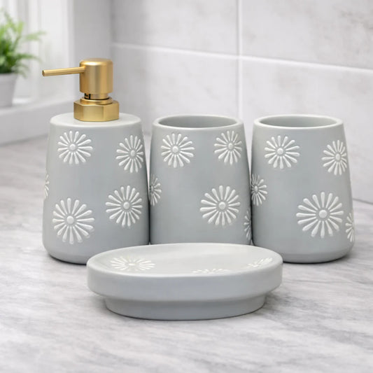 4-Piece Bathroom Accessories Set – Grey with White Floral Pattern Soap - Habitt